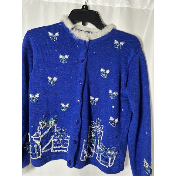 L James Closet Blue Women Ugly Christmas Sweater With Button Ramie/cotton - Picture 3 of 6